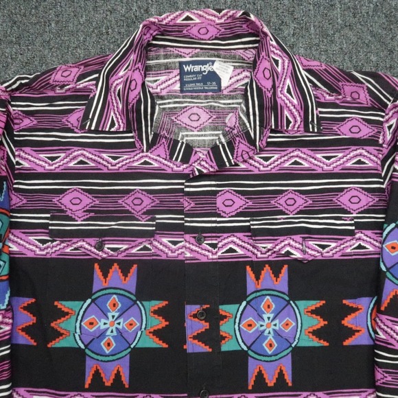 VINTAGE Wrangler Shirt Men XL 17 Purple Pink Aztec Southwestern Western USA - Picture 2 of 8